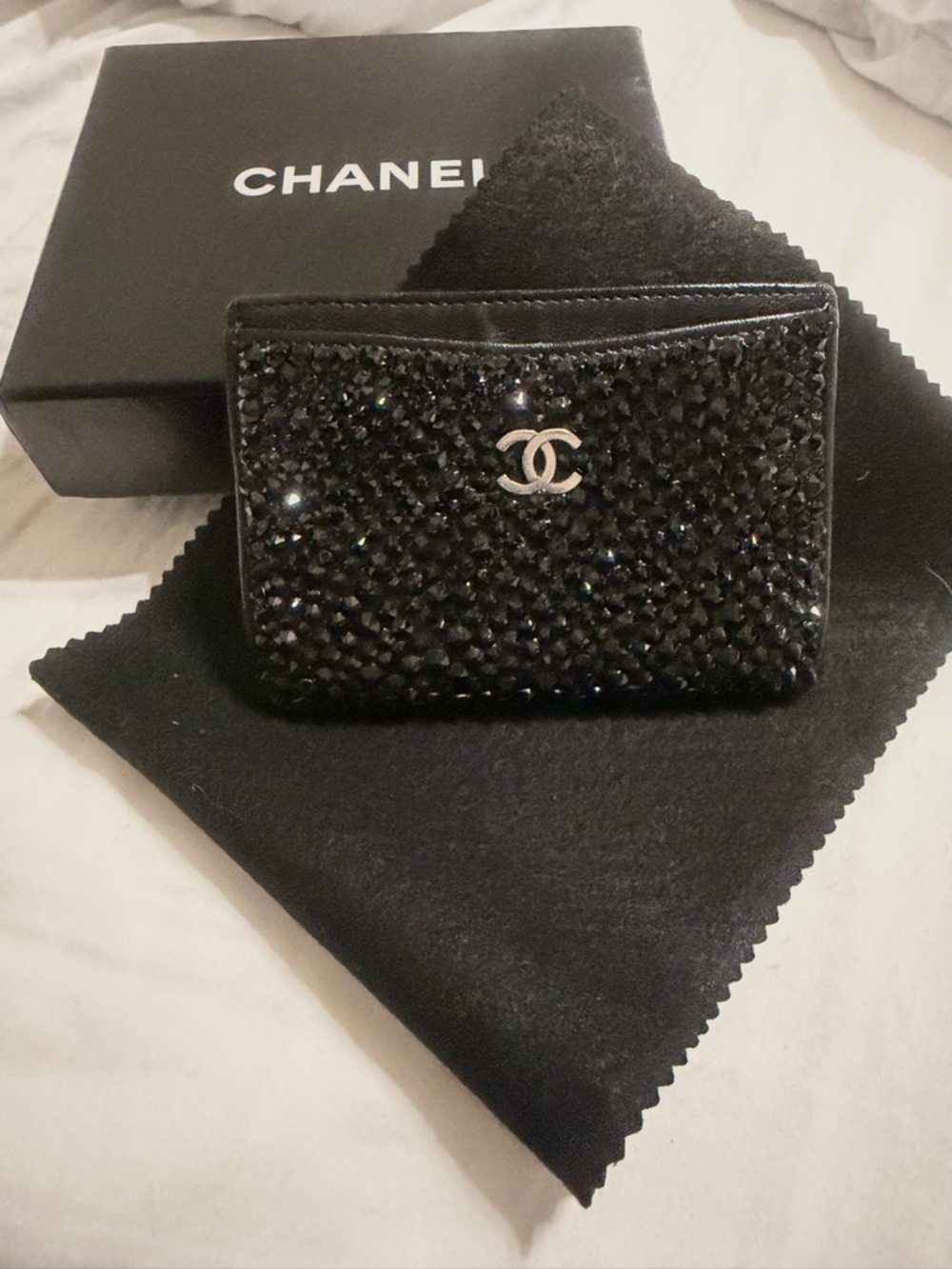 CHANEL Black Crystal Card Holder with Silver CC